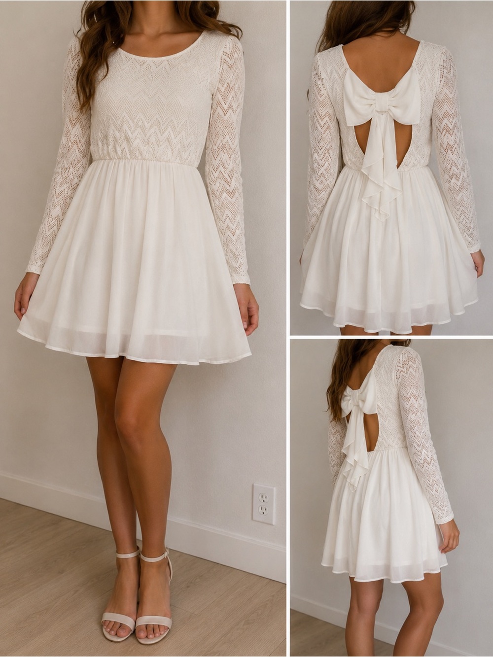 My Michelle Ivory Lace Long-Sleeve Mini Dress with Bow Back